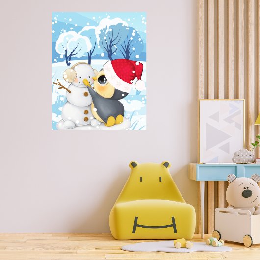 Winterscène met pinguïn en sneeuwpop poster
