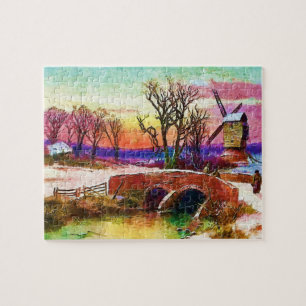 Winterscene met windmolen en stenen brug Kunst Legpuzzel