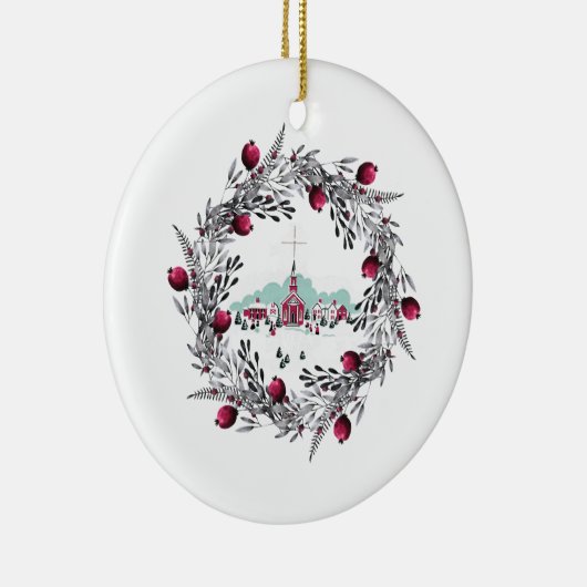  Winterscene Rode Kerk en Wreath Keramisch Ornament (Rechts)