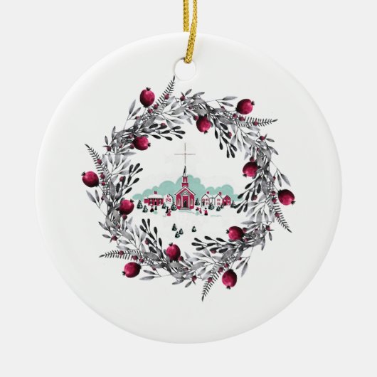  Winterscene Rode Kerk en Wreath Keramisch Ornament (Voorkant)