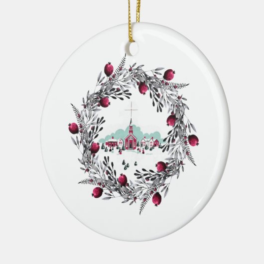  Winterscene Rode Kerk en Wreath Keramisch Ornament (Links)