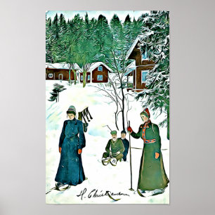 winterscène, sneeuwdorpje poster