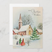 Winterscene van de kerstkerk van Vintage Feestdagenkaart (Voorkant / Achterkant)