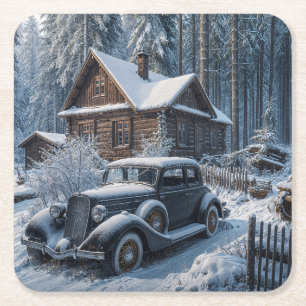Winterscène van een besneeuwde hut in de bossen kartonnen onderzetters