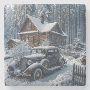Winterscène van een besneeuwde hut in de bossen stenen onderzetter