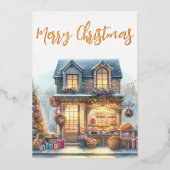 winterscène vrolijk kerstgoud folie feestdagenkaart (Voorkant)