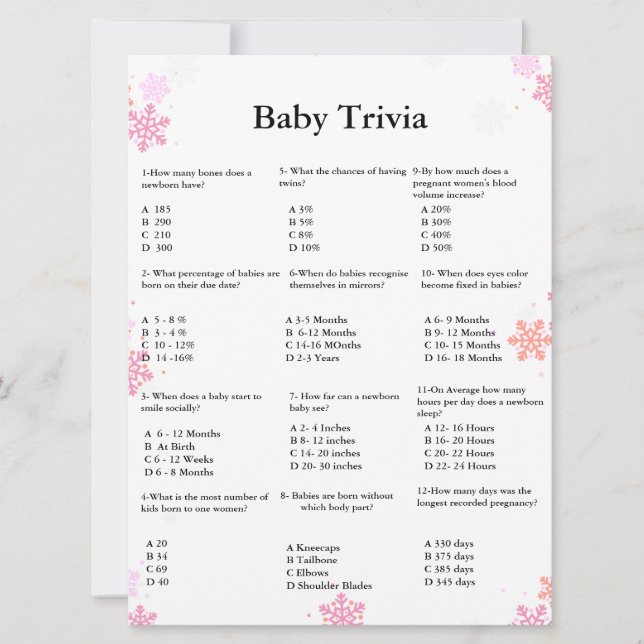 Winterscript baby trivia spel baby shower spel (Voorkant)