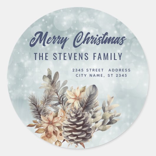 Winterscript Vrolijk kerstgrenen kegel bloemig Ronde Sticker (Voorkant)