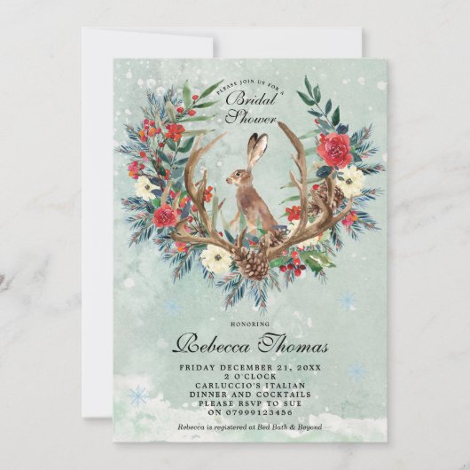 winterse badkuip en hare-doucheuitnodiging kaart (Voorkant)