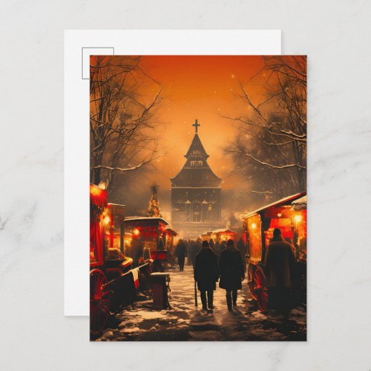  winterse besneeuwde kerstmarkt aankondigingskaart (Voorkant / Achterkant)