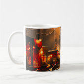 winterse besneeuwde kerstmarkt koffiemok (Links)