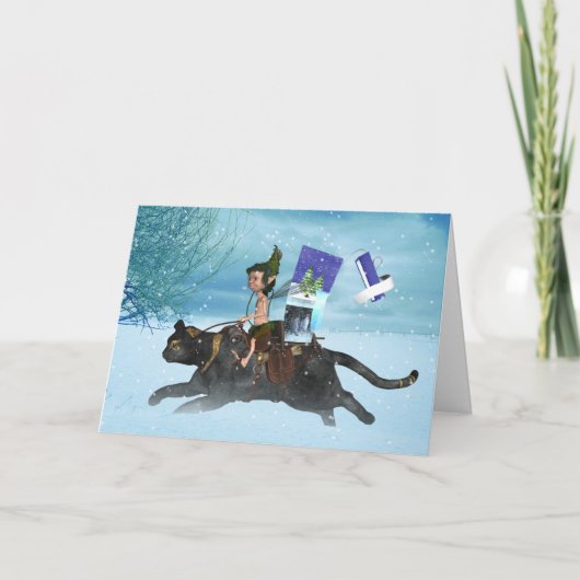 Winterse Bois Elf Op Kat Die Zee Levert Feestdagen Kaart (Voorkant)
