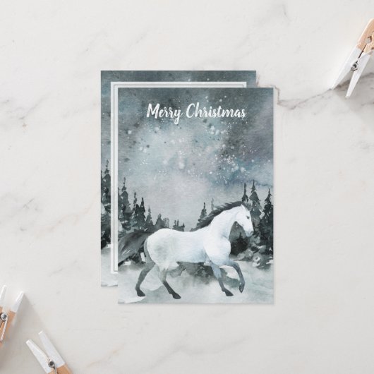 Winterse boslandschap wit paard vrolijk kerstfeest kaart (Voorkant / Achterkant in situ)