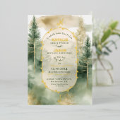 Winterse dennenboom bos monogram bruiloft folie uitnodiging (Staand Voorkant)