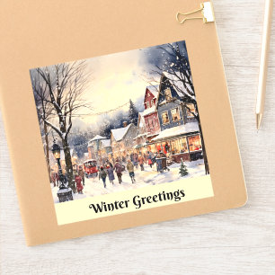 Winterse groeten, besneeuwde stadstraat, sticker