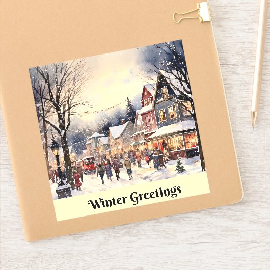 Winterse groeten, besneeuwde stadstraat, sticker (Notitieboek)