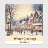 Winterse groeten, besneeuwde stadstraat, sticker (Vel)