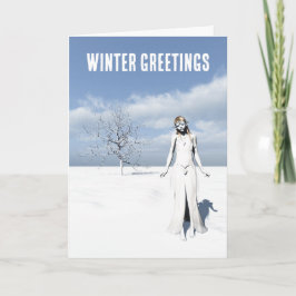 Winterse groeten. Vrouwelijke elf loopt in de snee Kaart