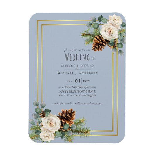 Winterse Huwelijk Witte Rozen Goud Stof Blauw Magneet (Verticaal)