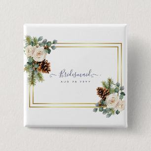 Winterse Huwelijk Witte Rozen Goud Stof Blauw Vierkante Button 5,1 Cm