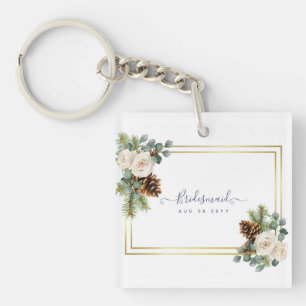 Winterse Huwelijksfeest Witte Rozen Goud Stof Blau Sleutelhanger