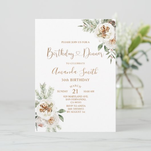 Winterse Kerst Witte Bloemige Verjaardag 30e Dinne Kaart (Staand voorkant)