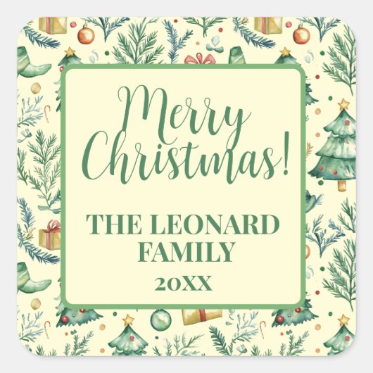Winterse kerstbomen, cadeaus en Ornamenten Vierkante Sticker (Voorkant)
