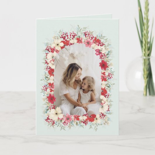 Winterse Kerstmis Poinsettia boog foto Feestdagen Kaart (Voorkant)
