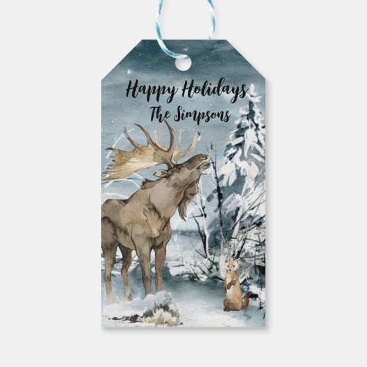 Winterse landschap Aquarel Eland Prettig feestseiz Cadeaulabel (Achterkant)