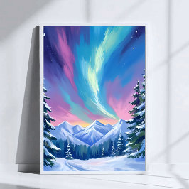 Winterse Nacht Noorderlicht Aquarel Berg Poster