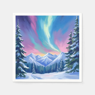 Winterse Nacht Noorderlicht Aquarel Berg Servet