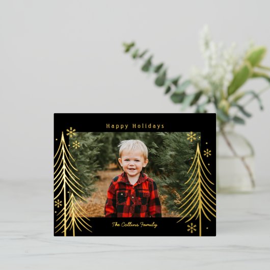 Winterse scène folie kerstkaart familie samenkomst folie feestdagen briefkaart (Staand Voorkant)