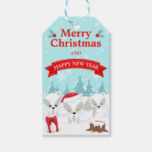 Winterse Sneeuwscène met Poolvossen Vrolijk Kerstf Cadeaulabel