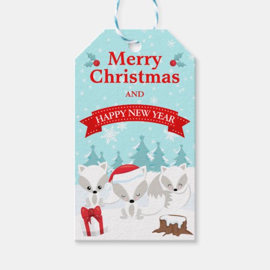Winterse Sneeuwscène met Poolvossen Vrolijk Kerstf Cadeaulabel (Voorkant)
