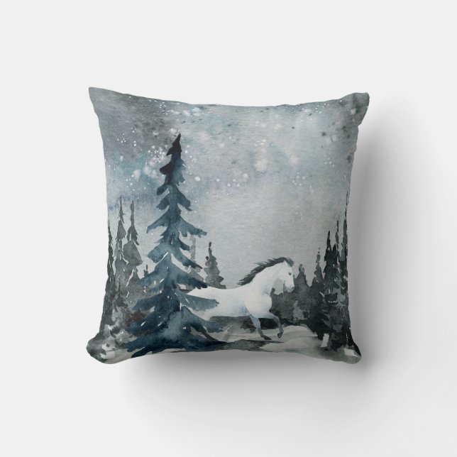 Winterse Woudlandschap Witte Paard Kussen (Voorkant)