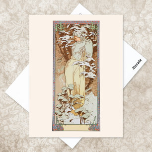 Winterseizoen Mode illustratie Alphonse Mucha Briefkaart