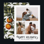 WinterSinaasappels 3 Foto-collage Feestdagenkaart<br><div class="desc">Deze prachtige vakantiefootkaart is voorzien van een  gestileerde typografie,  "Prettige feestdagen,  samen met drie fotosjablonen. De achterkant van de kaart is voorzien van een  ontwerp van winterse sinaasappels en bloesems.</div>