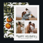 WinterSinaasappels 3 Foto-collage Feestdagenkaart<br><div class="desc">Deze prachtige vakantiefootkaart is voorzien van een  gestileerde typografie,  "Prettige feestdagen,  samen met drie fotosjablonen. De achterkant van de kaart is voorzien van een  ontwerp van winterse sinaasappels en bloesems.</div>