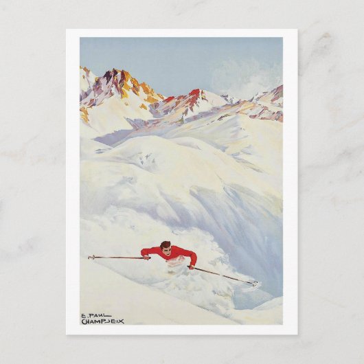 Winterskiën op bergen, briefkaart voor oldtimers (Voorkant)