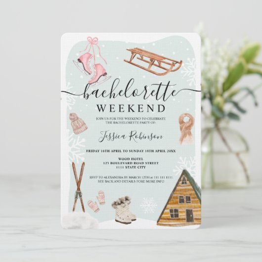 Winterskilibachelorette - weekendillustratie kaart (Staand voorkant)
