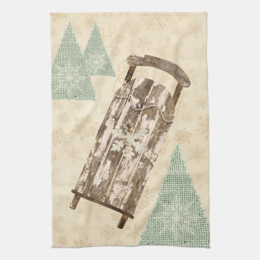  winterslee sneeuwvlokboom rustieke slee theedoek (Verticaal)