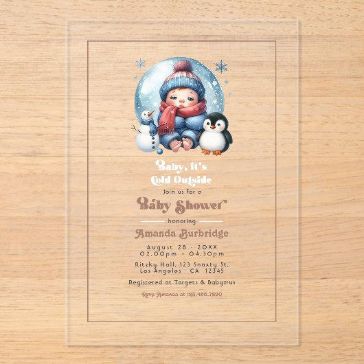 Wintersneeuw "Baby, het is koud buiten!" Baby Show Acryl Uitnodigingen (Voorkant)