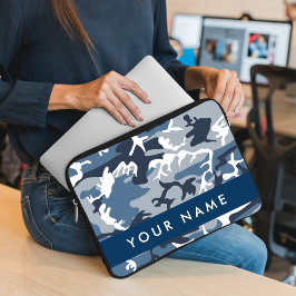 Wintersneeuw Blauw Camouflage Jouw namen personali Laptop Sleeve