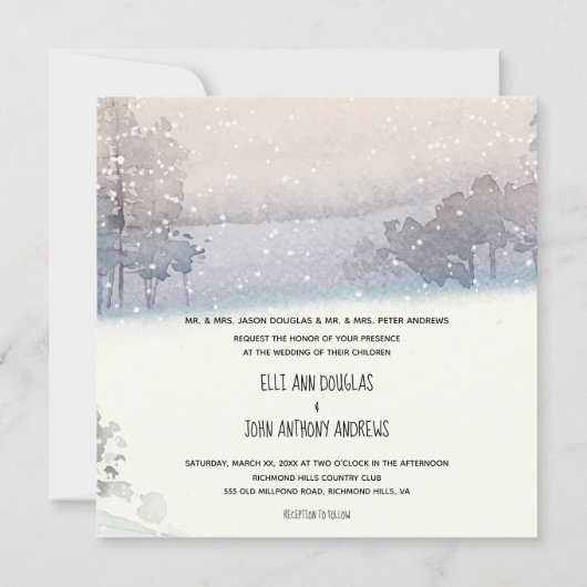 Wintersneeuw, blauw en wit huwelijk kaart (Achterkant)