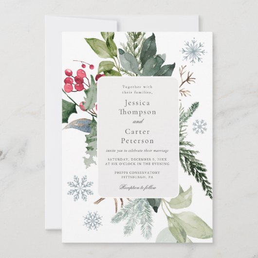 Wintersneeuw en een groenblijvende bruiloft kaart (Voorkant)
