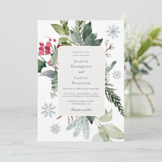 Wintersneeuw en een groenblijvende bruiloft kaart (Staand voorkant)