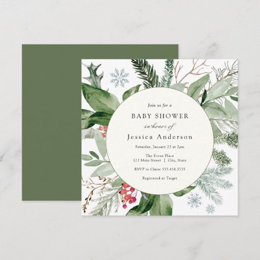 Wintersneeuw en Evergreen Baby shower Kaart (Voorkant / Achterkant)