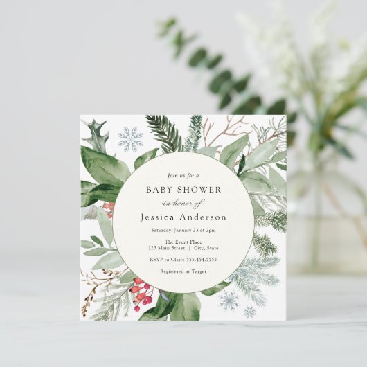 Wintersneeuw en Evergreen Baby shower Kaart (Staand voorkant)