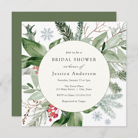 Wintersneeuw en Evergreen bruidsdouche uitnodiging (Voorkant / Achterkant)