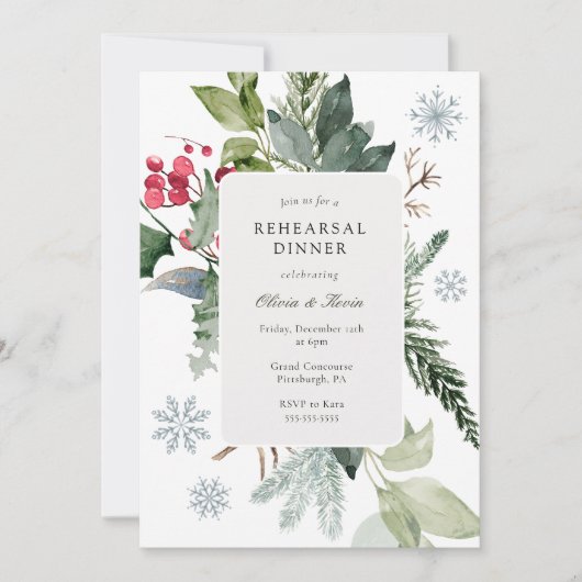 Wintersneeuw en Evergreen bruiloft repetitie diner Kaart (Voorkant)